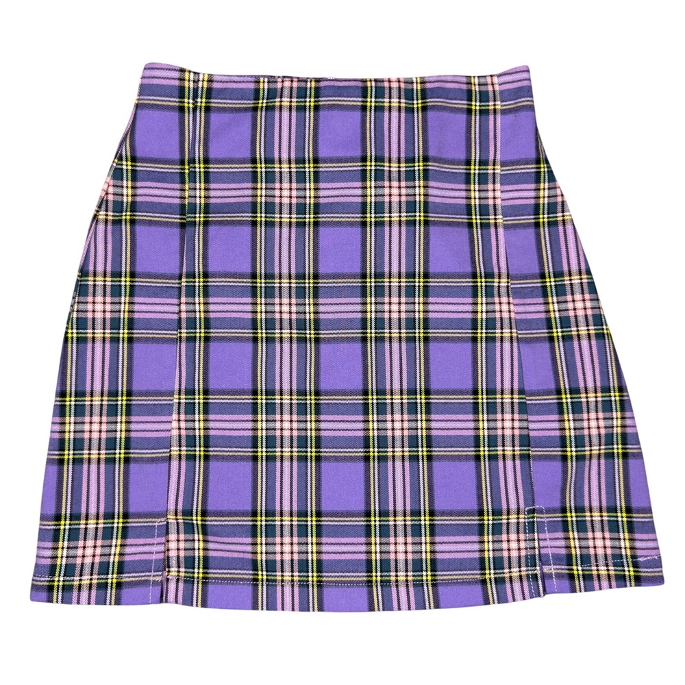 J. Galt Mini Skirt Small Purple Plaid Brandy Melville Side Slits Back Zip Preppy